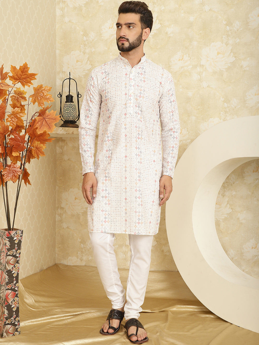 Men's Cotton Embroidered Printed White Kurta With white Pyjama