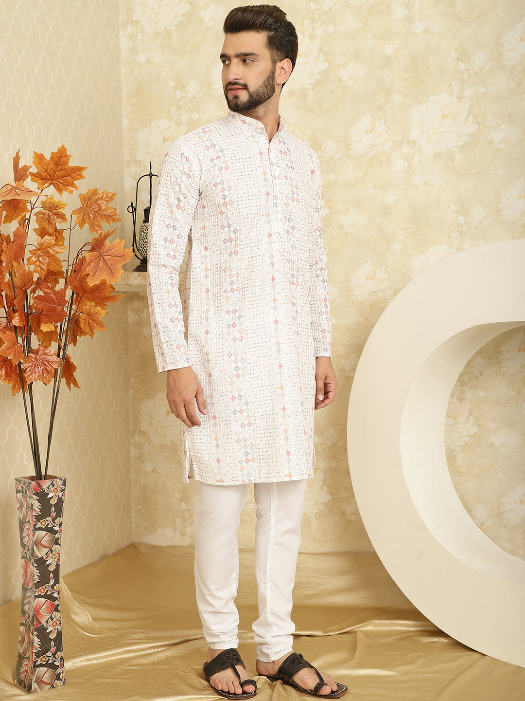 Men's Cotton Embroidered Printed White Kurta With white Pyjama