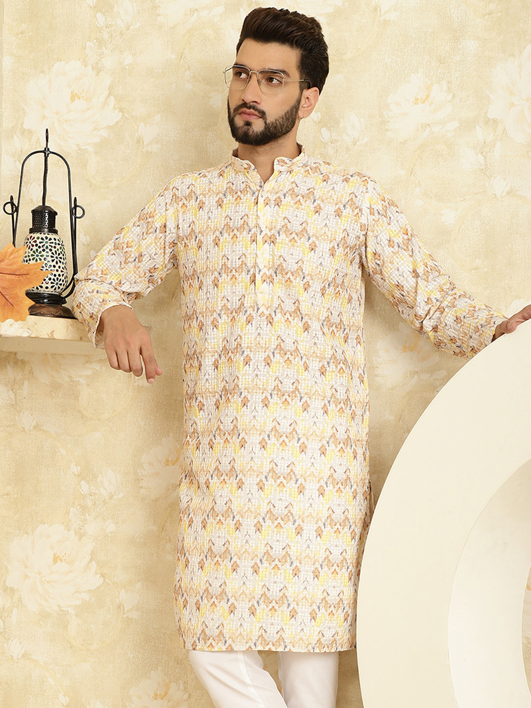 Men's Cotton Embroidered Printed Yellow Color ONLY Long Kurta