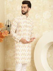 Men's Cotton Embroidered Printed Yellow Color ONLY Long Kurta