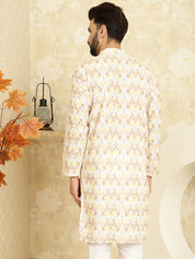 Men's Cotton Embroidered Printed Yellow Color ONLY Long Kurta