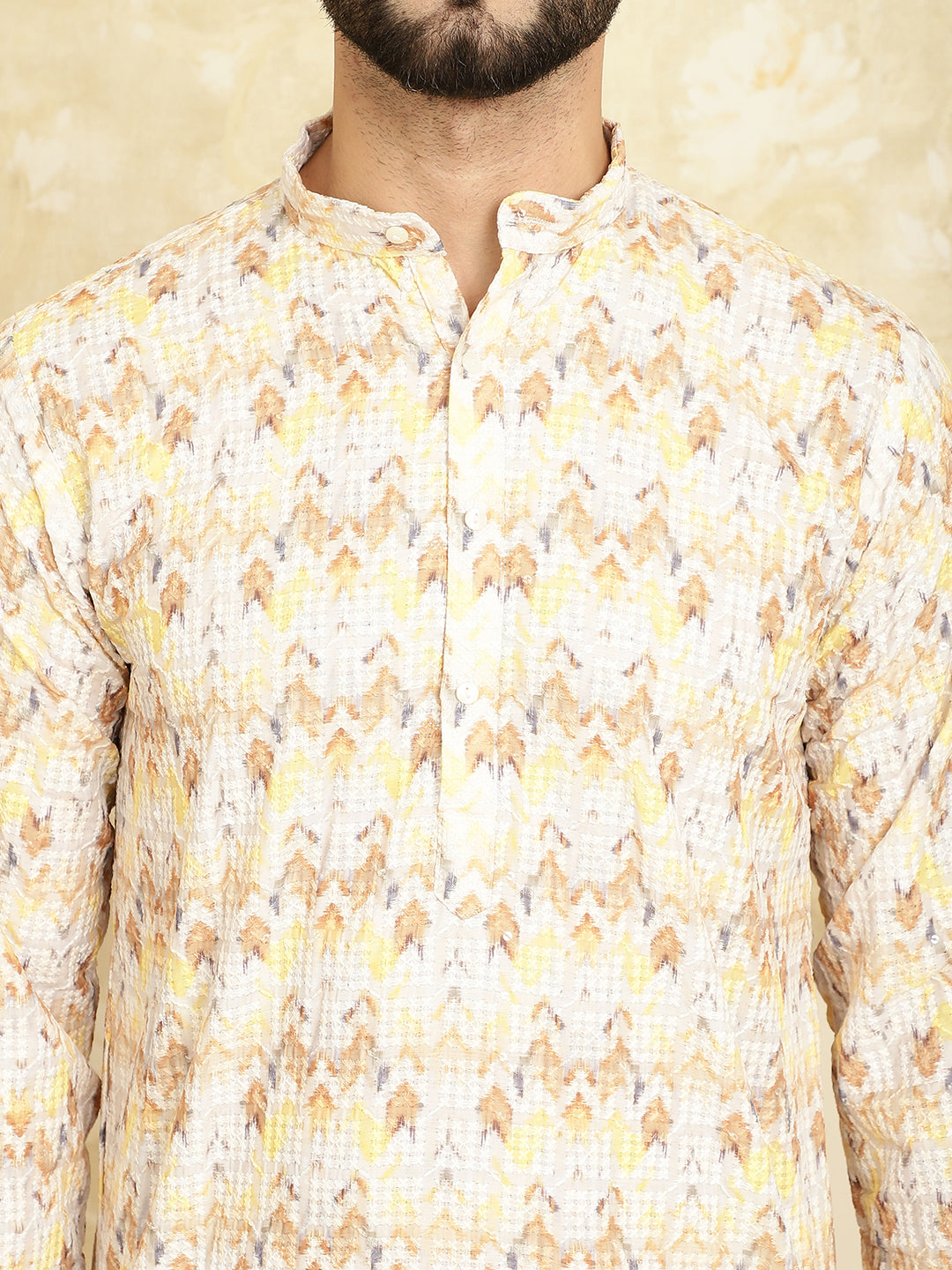 Men's Cotton Embroidered Printed Yellow Color ONLY Long Kurta