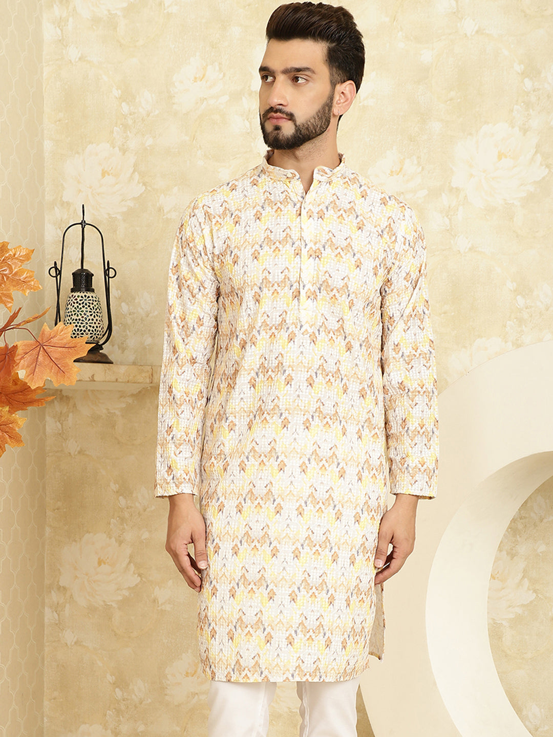 Men's Cotton Embroidered Printed Yellow Color ONLY Long Kurta