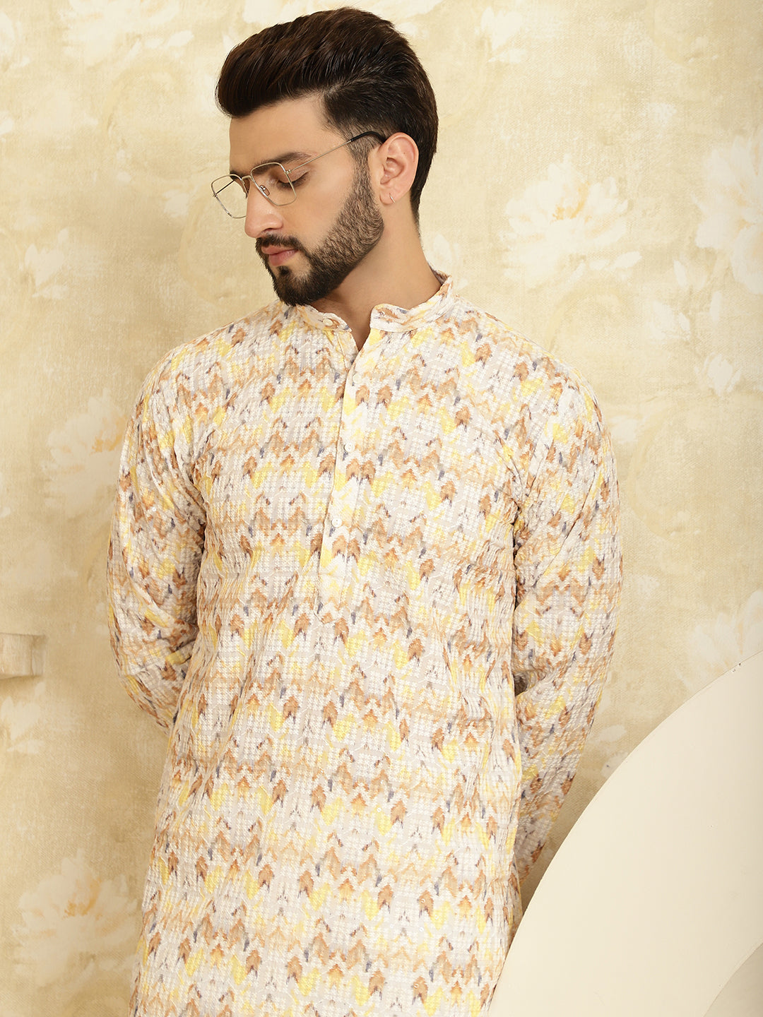 Men's Cotton Embroidered Printed Yellow Color ONLY Long Kurta