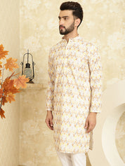 Men's Cotton Embroidered Printed Yellow Color ONLY Long Kurta