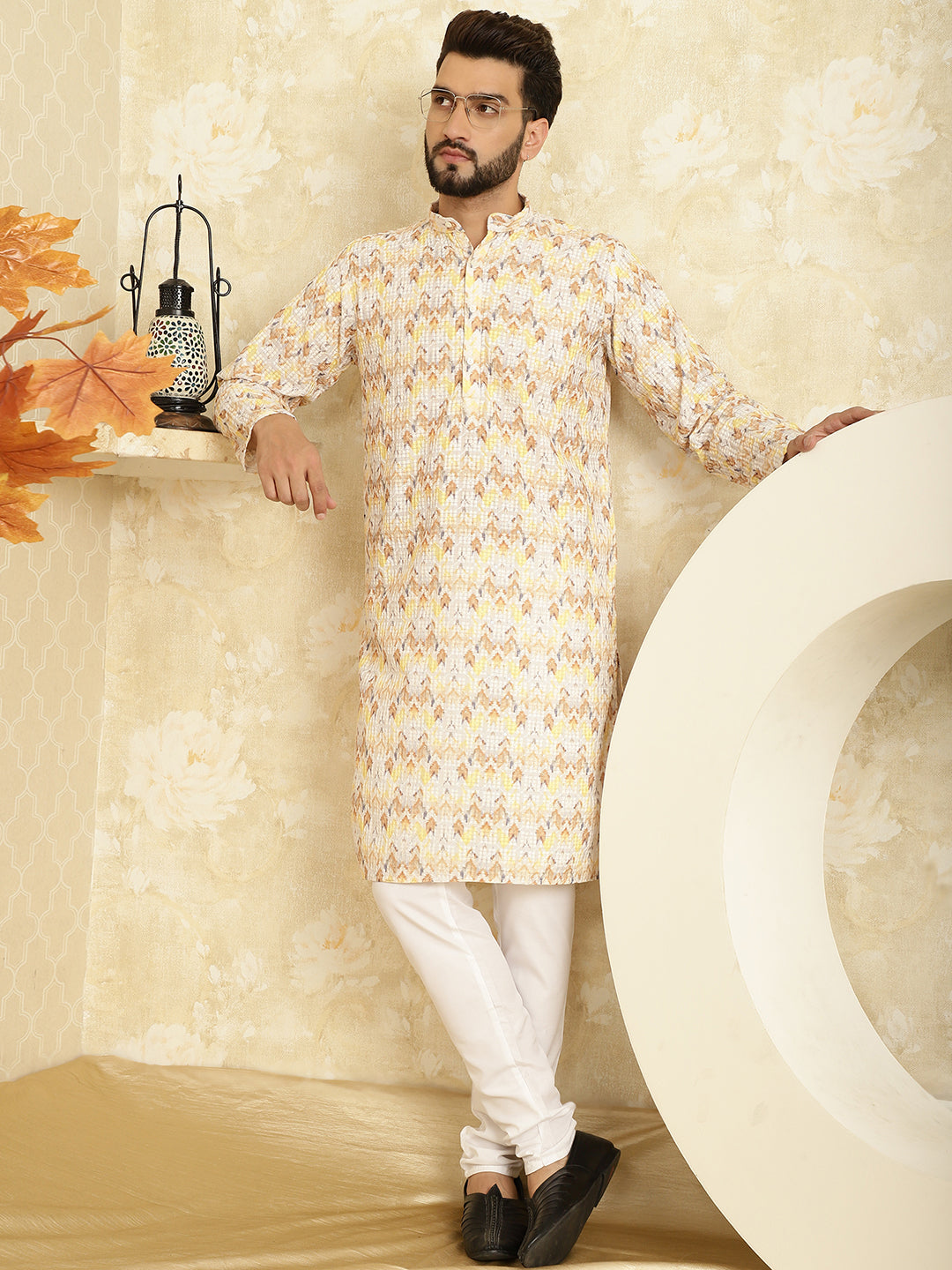 Men's Cotton Embroidered Printed Yellow Kurta With white Pyjama