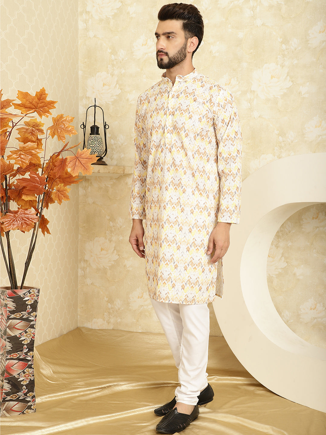 Men's Cotton Embroidered Printed Yellow Kurta With white Pyjama