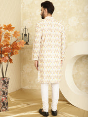 Men's Cotton Embroidered Printed Yellow Kurta With white Pyjama