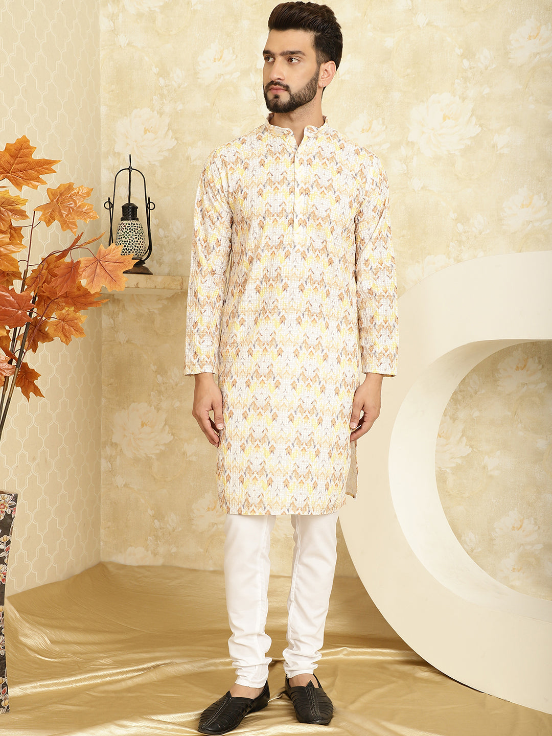 Men's Cotton Embroidered Printed Yellow Kurta With white Pyjama