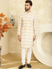 Men's Cotton Embroidered Printed Yellow Kurta With white Pyjama