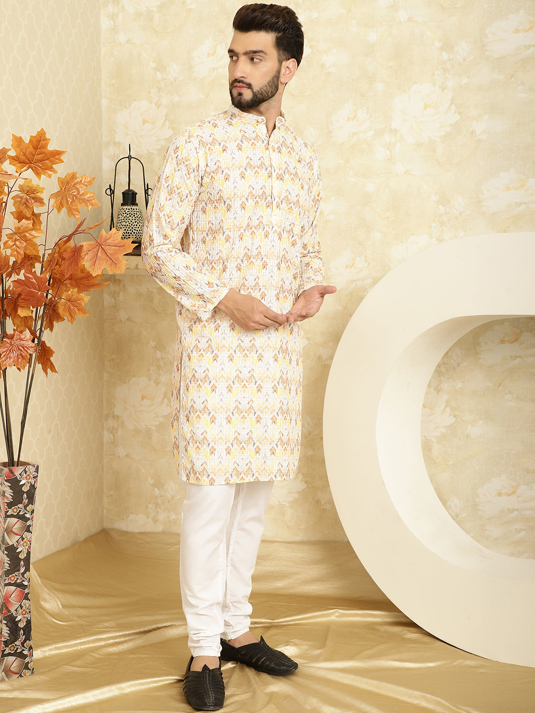 Men's Cotton Embroidered Printed Yellow Kurta With white Pyjama