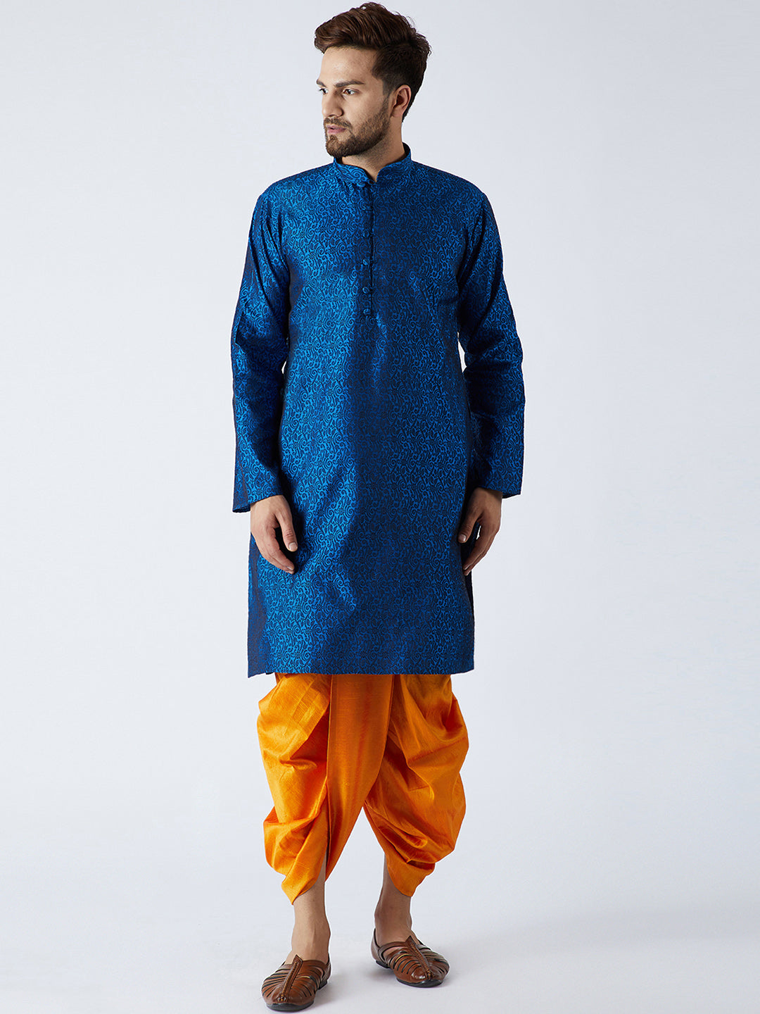 Men's Blue & Mustard Silk Dhoti Kurta Set