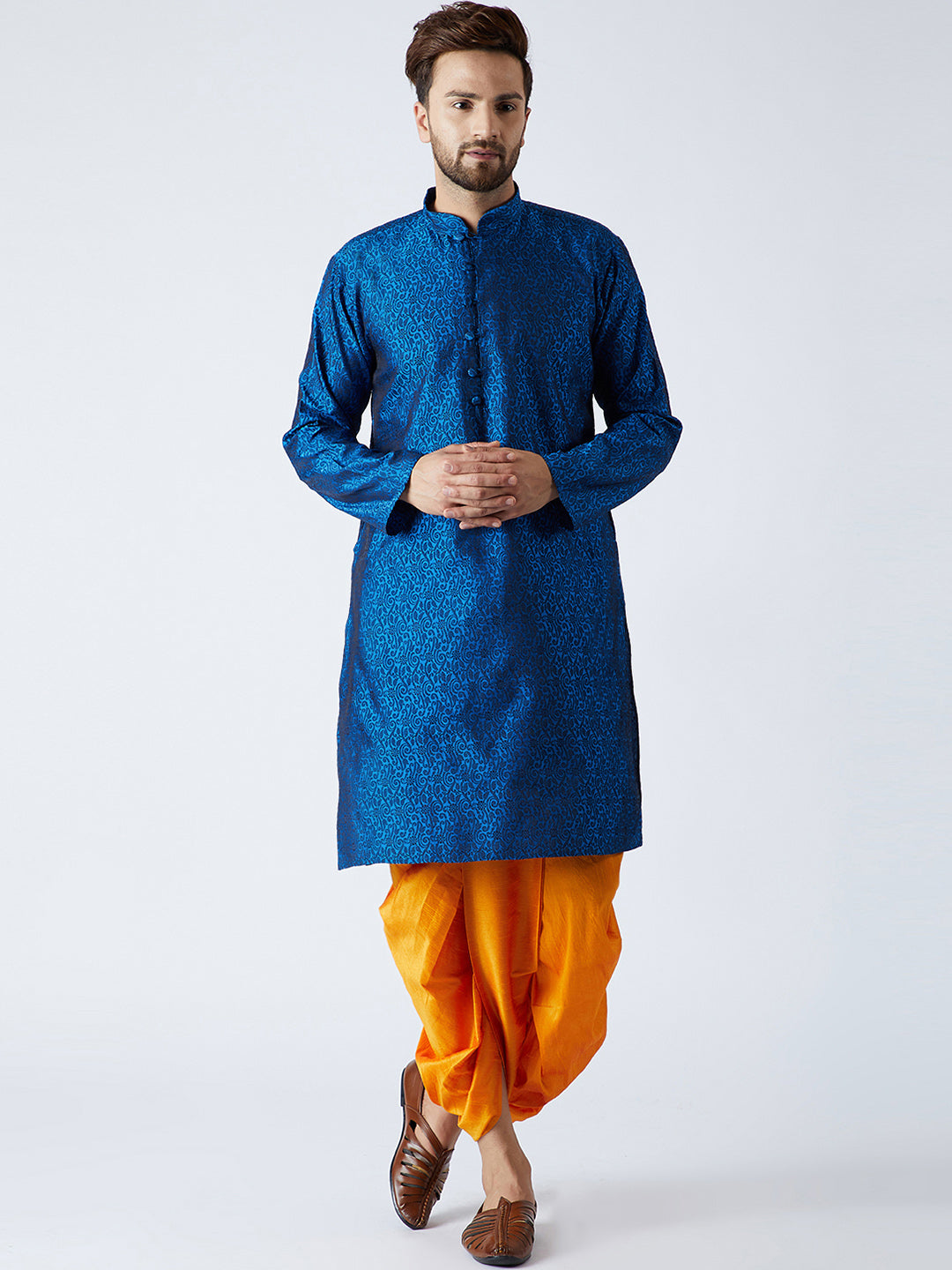 Men's Blue & Mustard Silk Dhoti Kurta Set