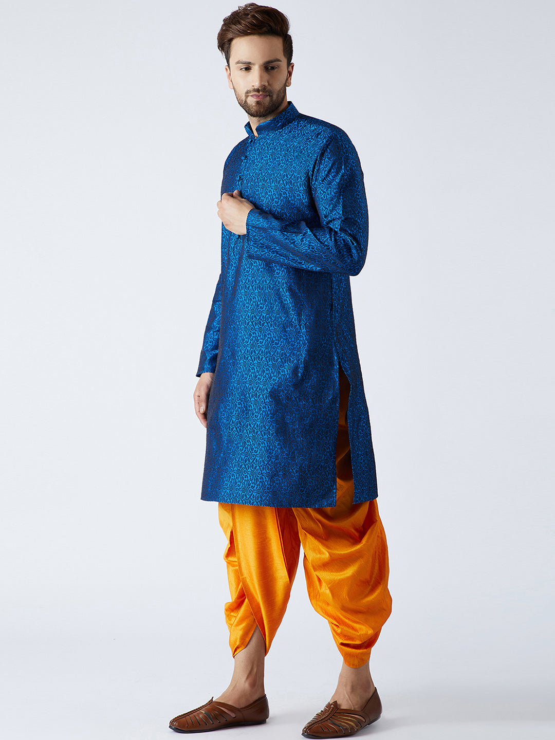 Men's Blue & Mustard Silk Dhoti Kurta Set