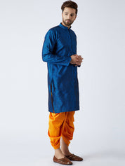 Men's Blue & Mustard Silk Dhoti Kurta Set