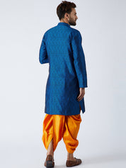 Men's Blue & Mustard Silk Dhoti Kurta Set