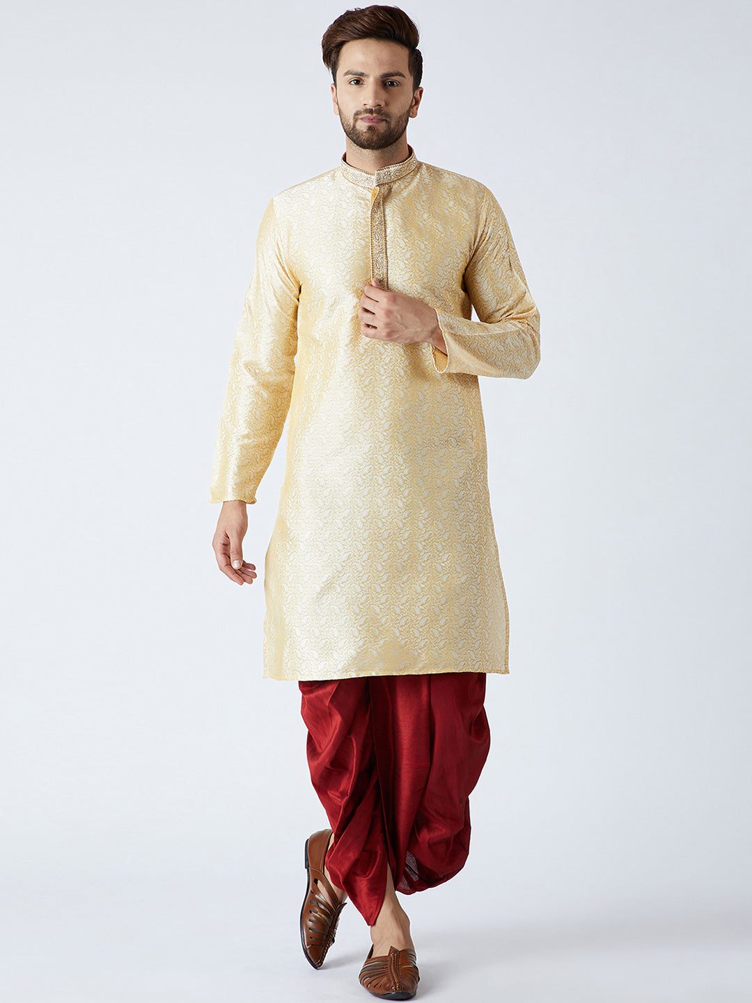 Dhoti Style Kurta For Men Men's Gold Maroon Silk Dhoti Kurta Set