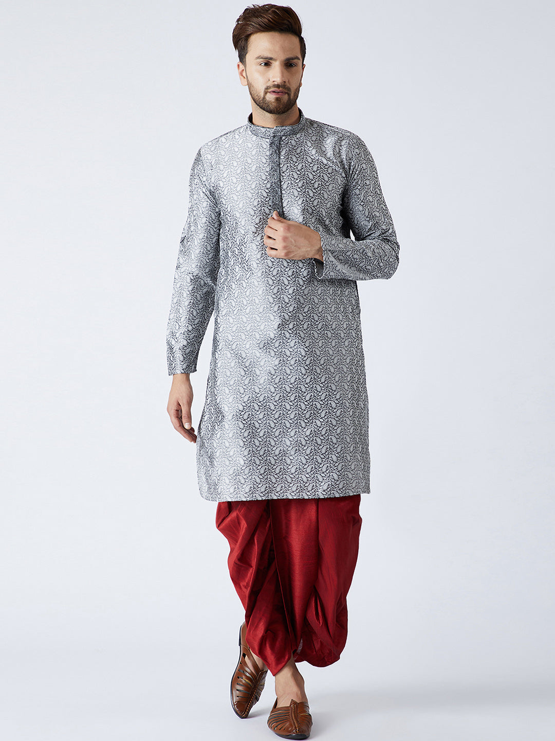 Men's Grey & Maroon Silk Dhoti Kurta Set