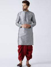 Men's Grey & Maroon Silk Dhoti Kurta Set