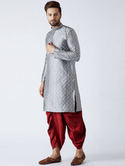 Men's Grey & Maroon Silk Dhoti Kurta Set