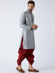 Men's Grey & Maroon Silk Dhoti Kurta Set