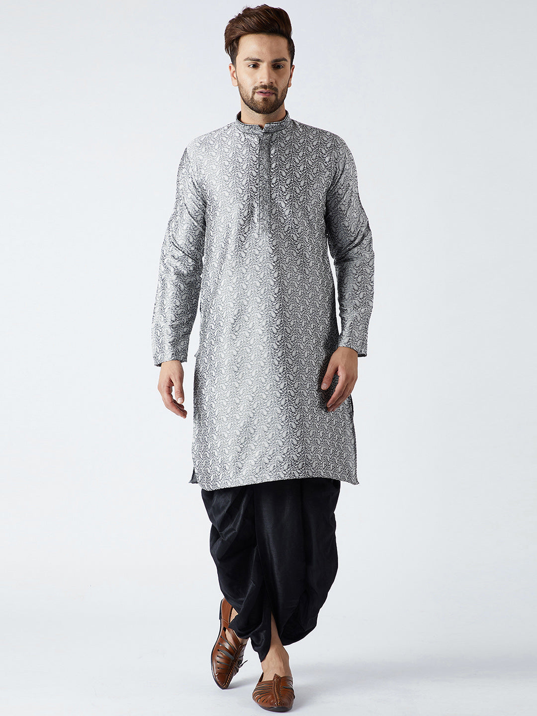 Men's Grey & Black Silk Dhoti Kurta Set