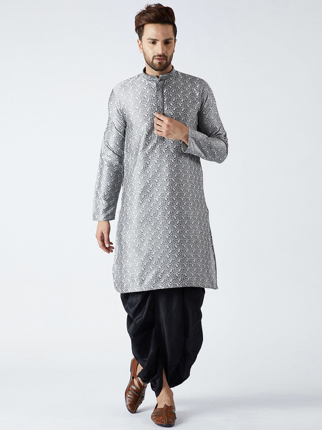 Men's Grey & Black Silk Dhoti Kurta Set