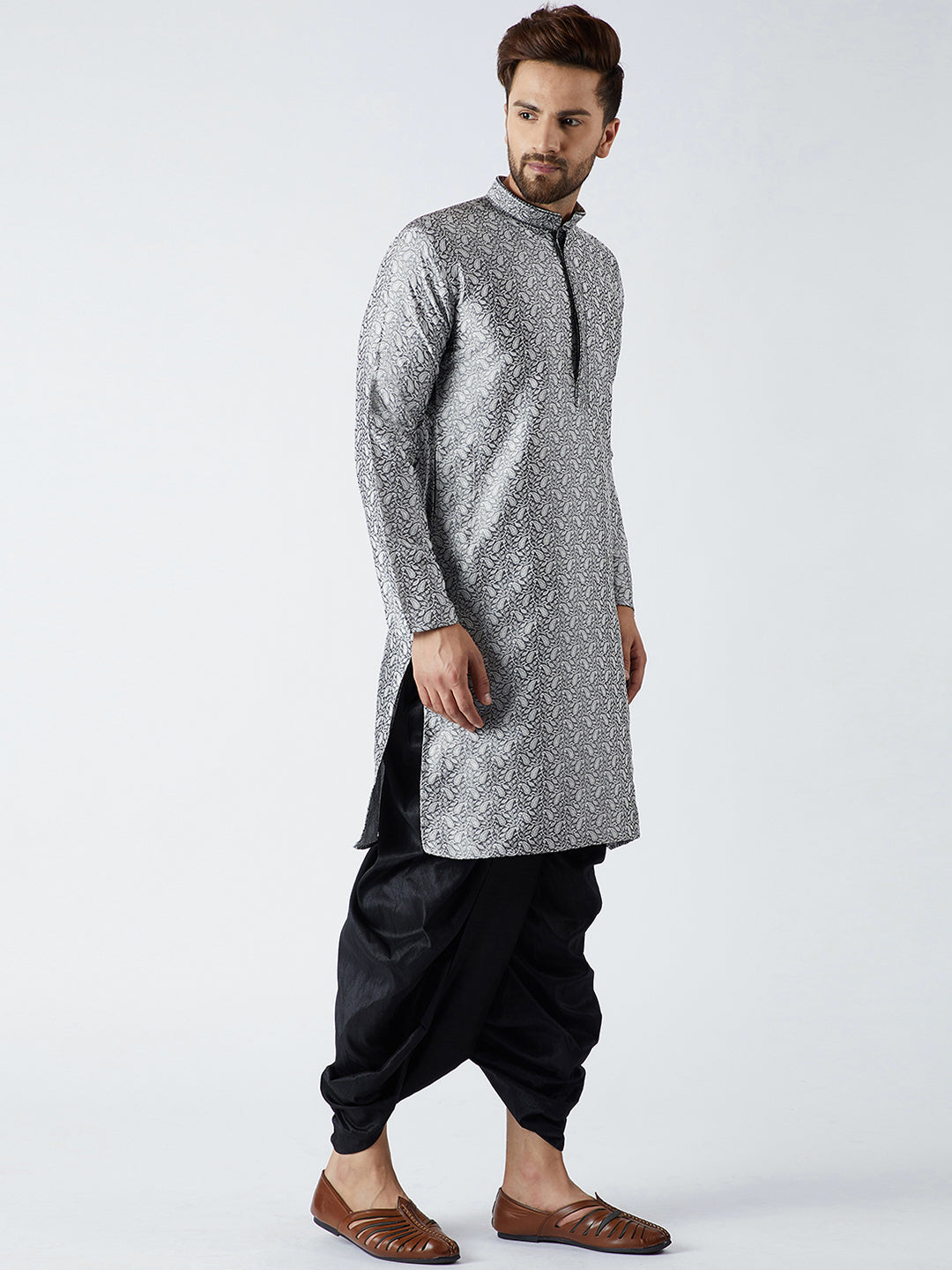 Men's Grey & Black Silk Dhoti Kurta Set