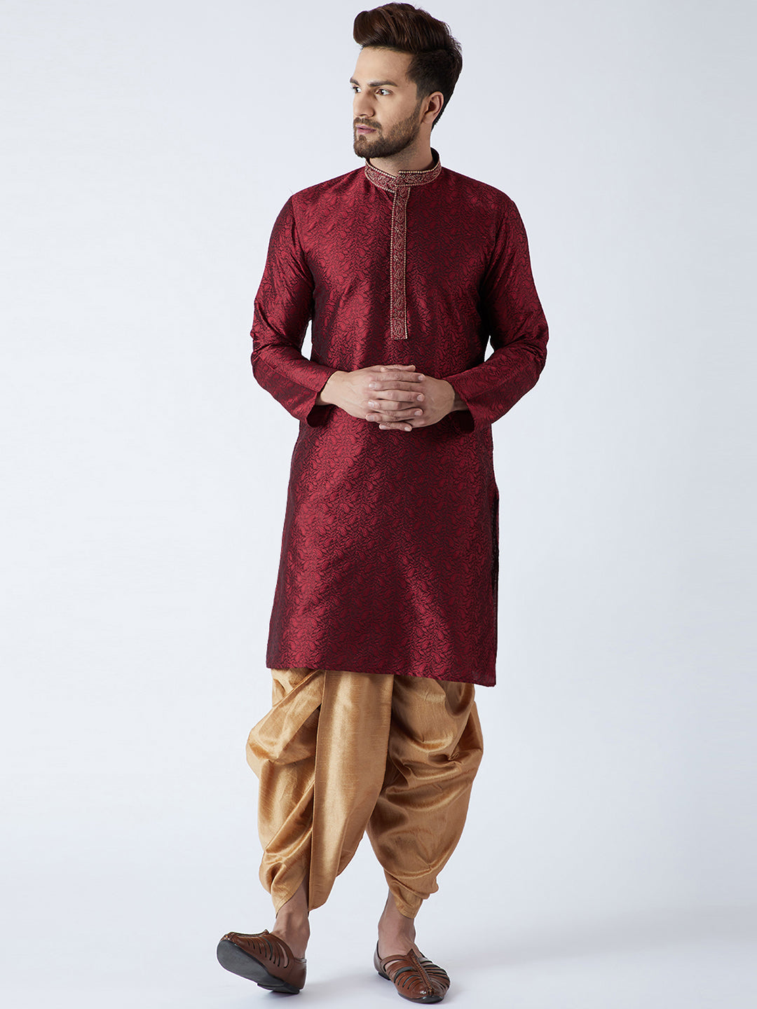 Men's Maroon Gold Silk Dhoti Kurta Set