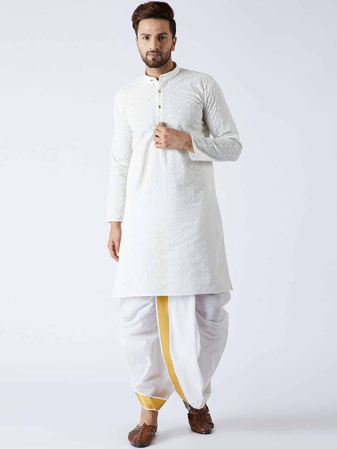 Men's Cream & White Pure Cotton Kurta Dhoti Set