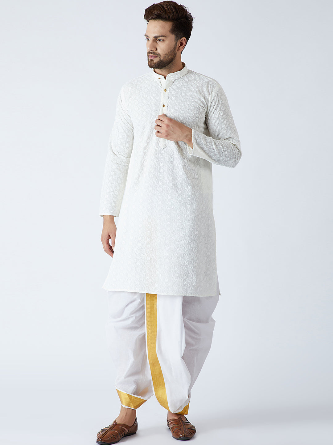 Men's Cream & White Pure Cotton Kurta Dhoti Set