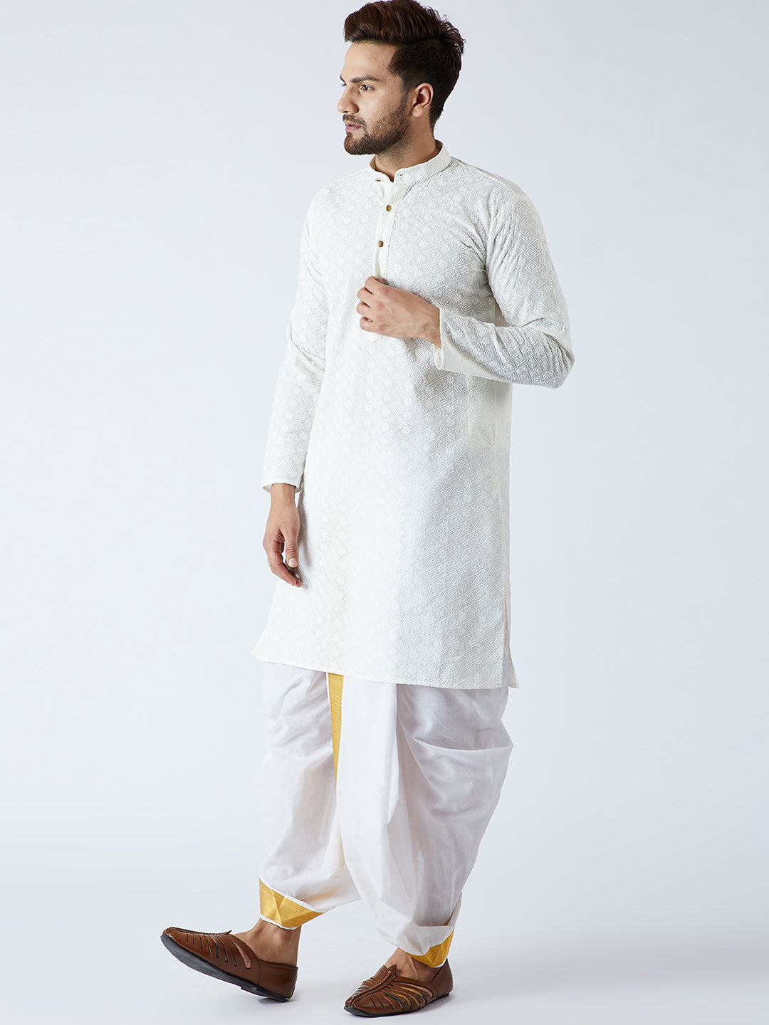 Men's Cream & White Pure Cotton Kurta Dhoti Set