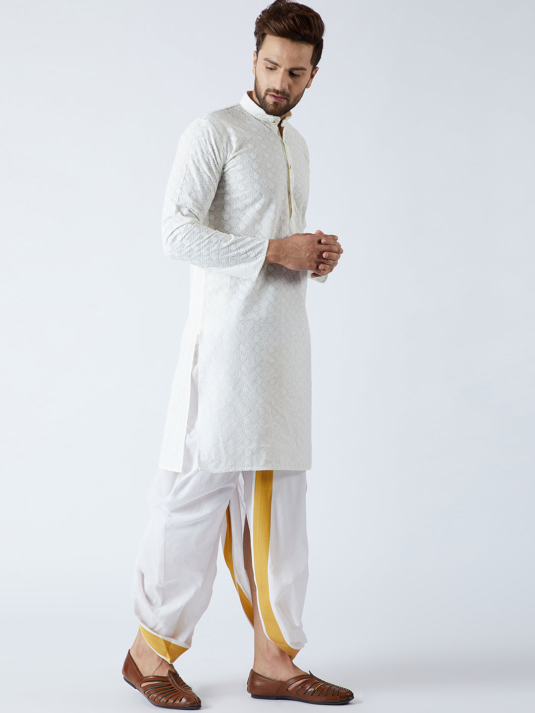 Men's Cream & White Pure Cotton Kurta Dhoti Set