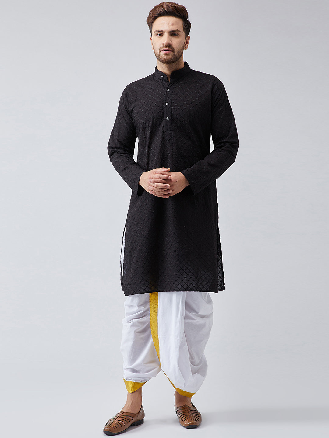 Men's Black & White Pure Cotton Kurta Dhoti Set