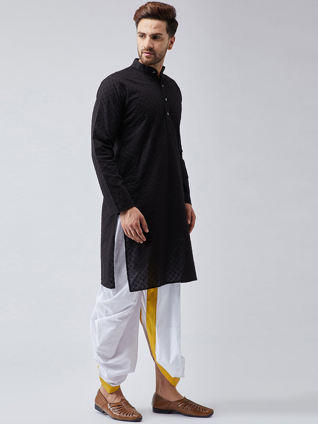 Men's Black & White Pure Cotton Kurta Dhoti Set