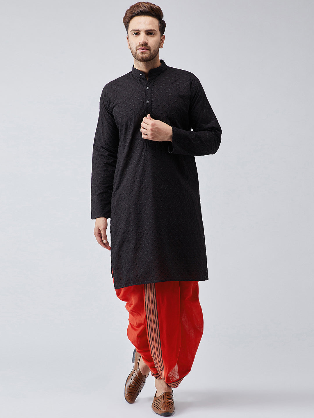 Men's Black & Red Pure Cotton Kurta Dhoti Set