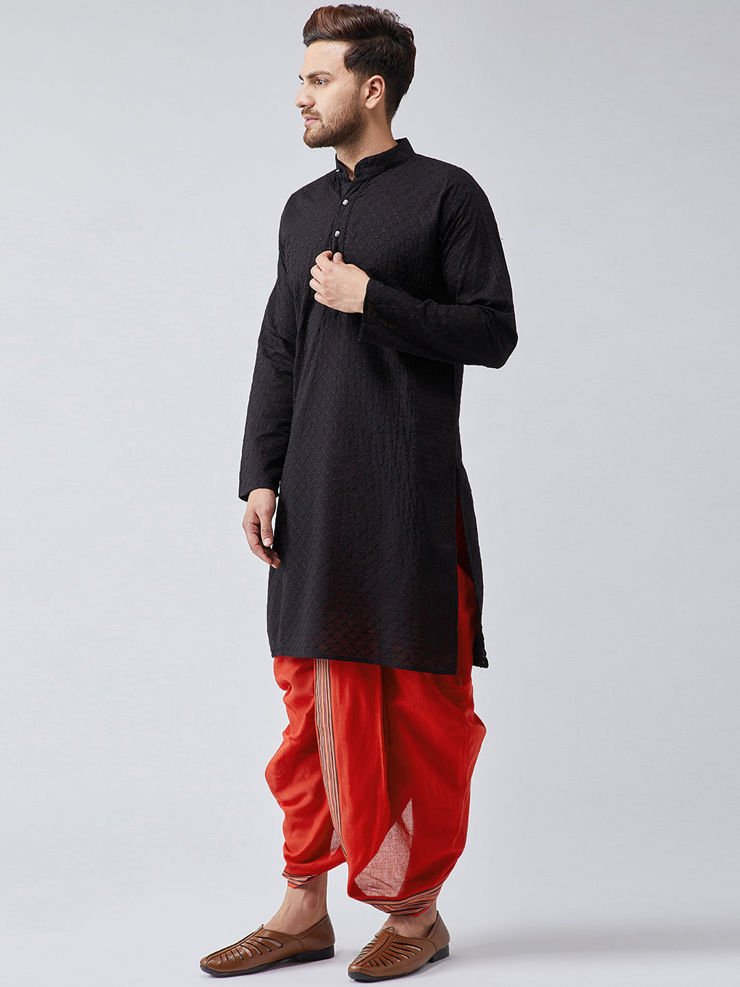 Men's Black & Red Pure Cotton Kurta Dhoti Set