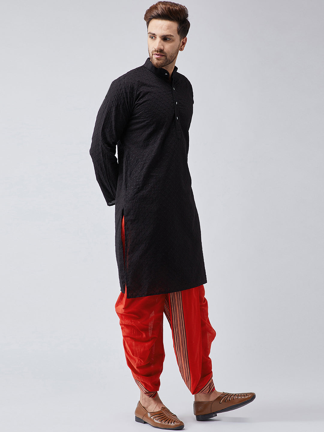 Men's Black & Red Pure Cotton Kurta Dhoti Set