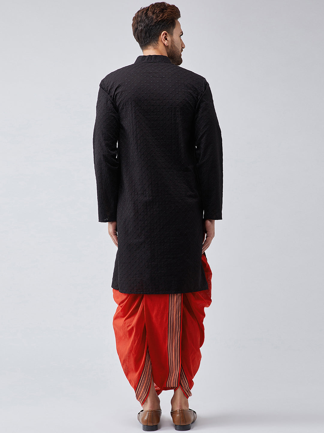 Men's Black & Red Pure Cotton Kurta Dhoti Set