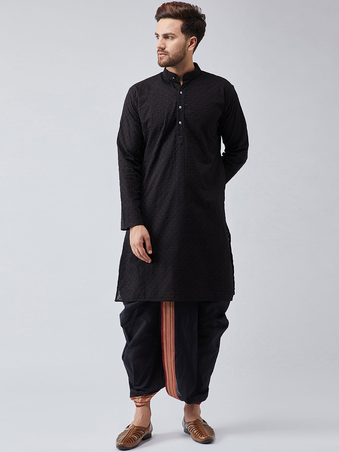 Men's Black & Black Pure Cotton Kurta Dhoti Set