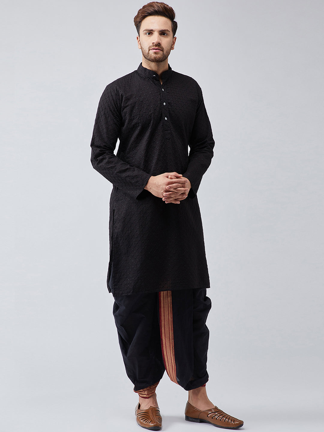 Men's Black & Black Pure Cotton Kurta Dhoti Set