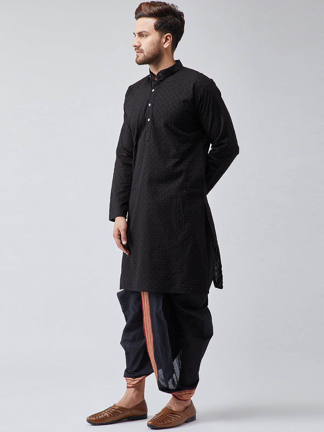 Men's Black & Black Pure Cotton Kurta Dhoti Set