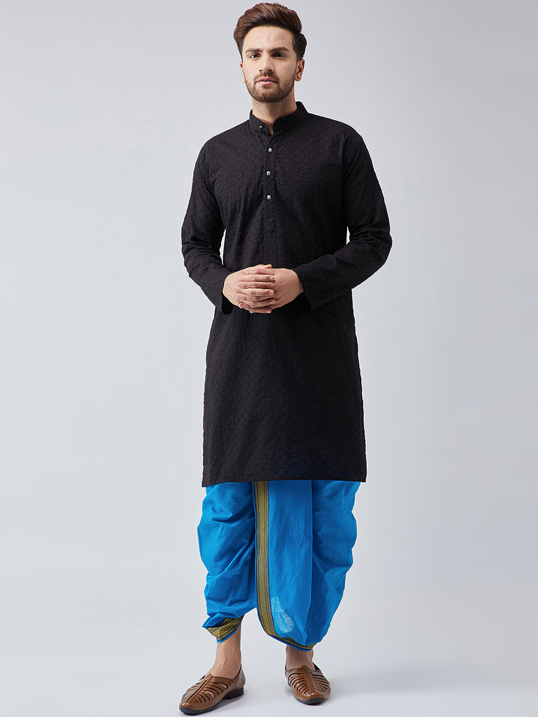 Men's Black & Blue Pure Cotton Kurta Dhoti Set