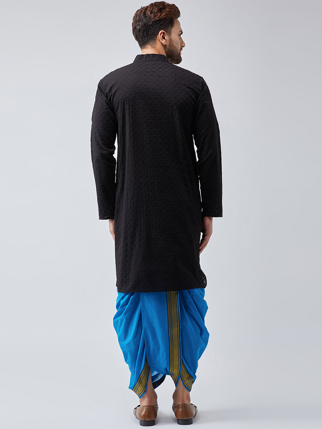 Men's Black & Blue Pure Cotton Kurta Dhoti Set