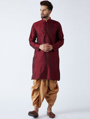 Men's Maroon & Gold Silk Blend Kurta & Dhoti Set