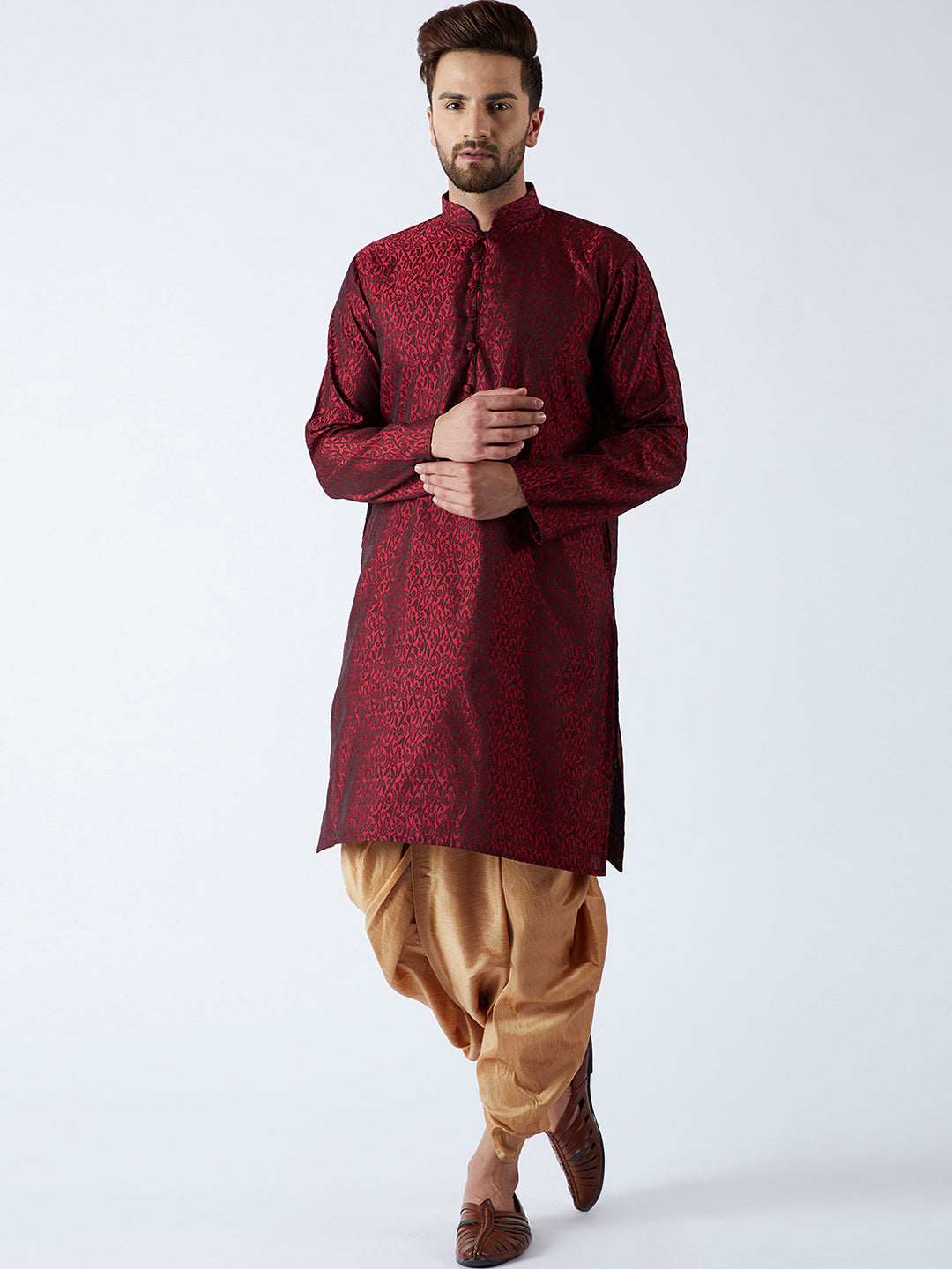 Men's Maroon & Gold Silk Blend Kurta & Dhoti Set