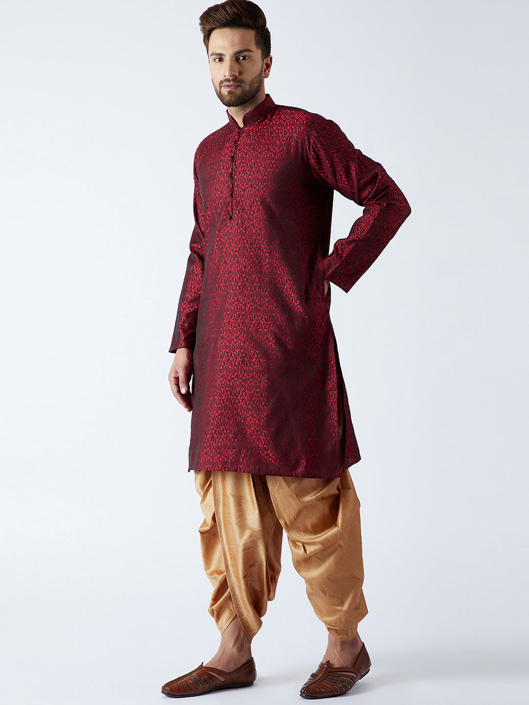 Men's Maroon & Gold Silk Blend Kurta & Dhoti Set