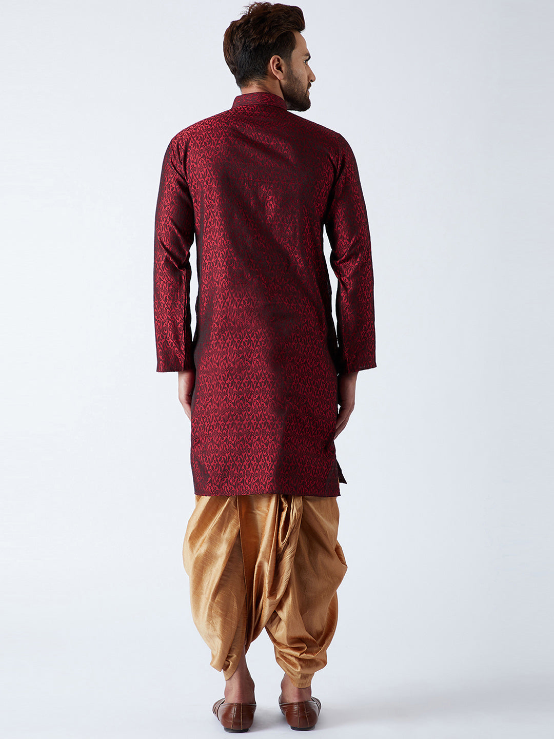 Men's Maroon & Gold Silk Blend Kurta & Dhoti Set