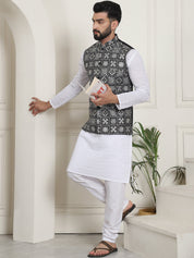 Men's Cotton Chikankari White Kurta and White Pyjama With Embroidered Black Nehru Jacket