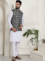 Men's Cotton Chikankari White Kurta and White Pyjama With Embroidered Black Nehru Jacket